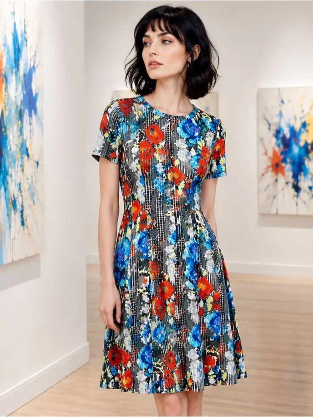 Catherine Malandrino Vondie Print Scuba Fit Flare Dress Pleated Floral 10